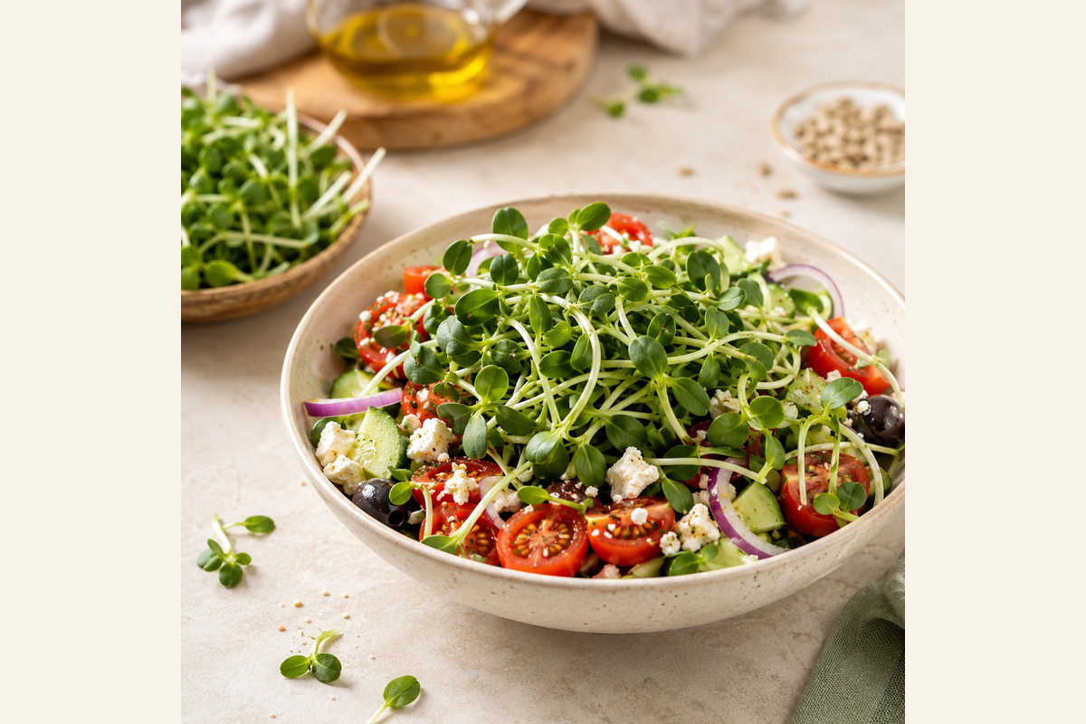 Salad topped with microgreens